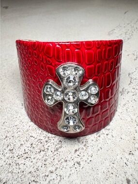Vintage Red Croc Embossed Cross Cuff Bracelet